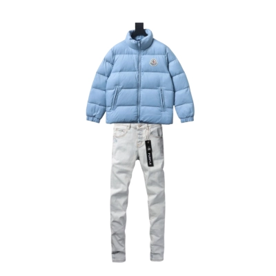 Moncler Logo Patch Zippered Stand-up Collar Blue Down Jacket + Purple Brand Fashion Men Jeans 10 01