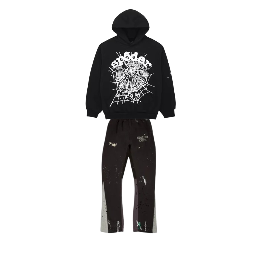 Sp5der Worldwide Black OG Web Hoodie + Gallery Dept. Painted Flare Sweat Pants Washed Black