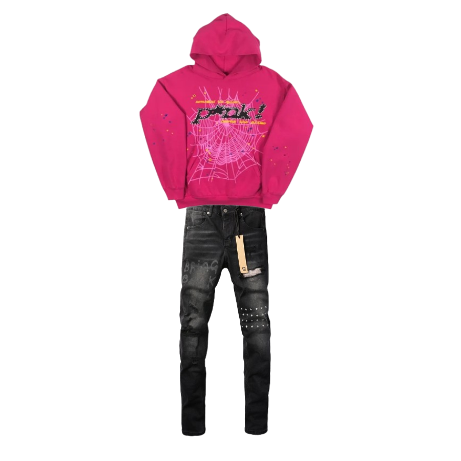 Sp5der Young Thug Punk Hoodie Pink + KSUBI Jeans- 3015