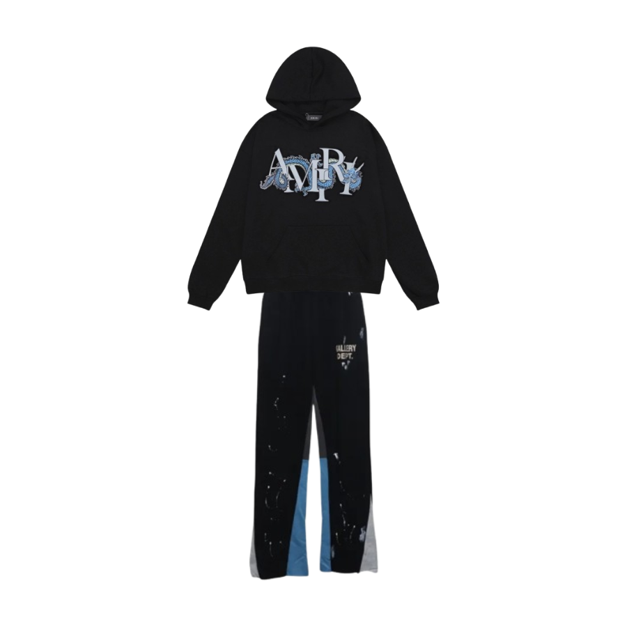 AMIRI CNY Dragon Hoodie #9238 Black + Gallery Dept Graffiti Splatter Sweatpants Black Blue