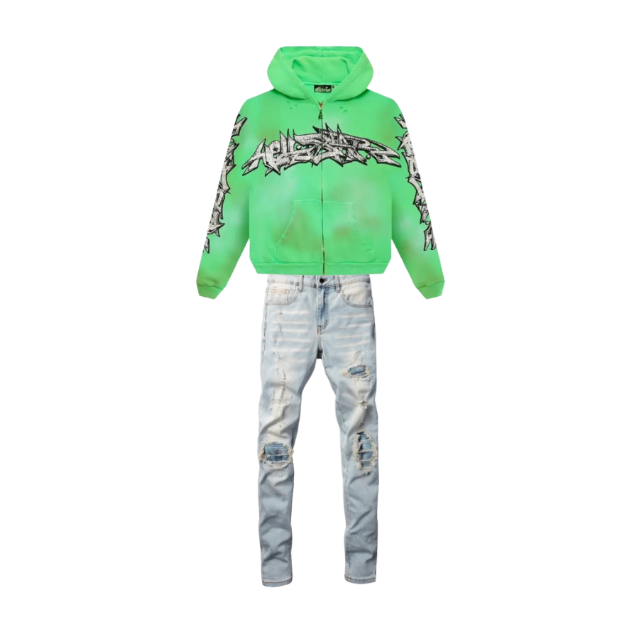 Hellstar Graffiti Zip-Up Hoodie Green + Amiri Jean 6645-1