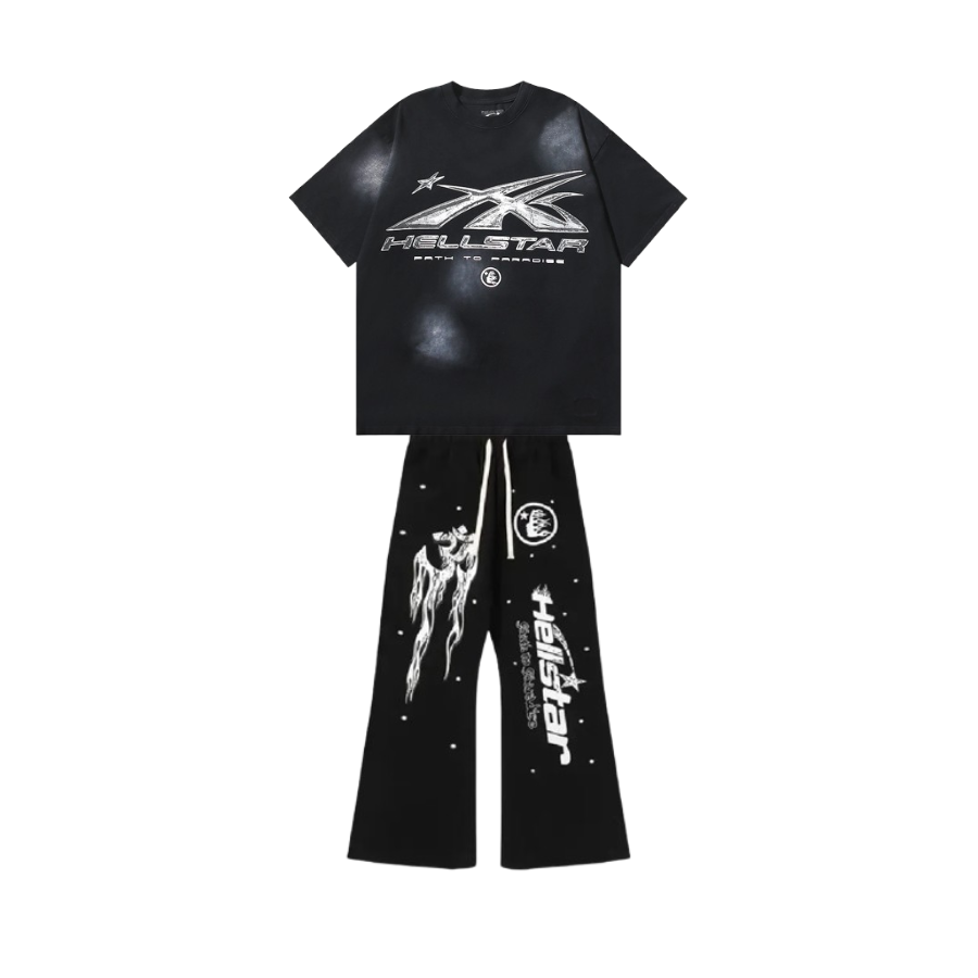Hellstar Sport Logo Gel Black T-Shirt White + Hellstar Studios Records sweatpants Black