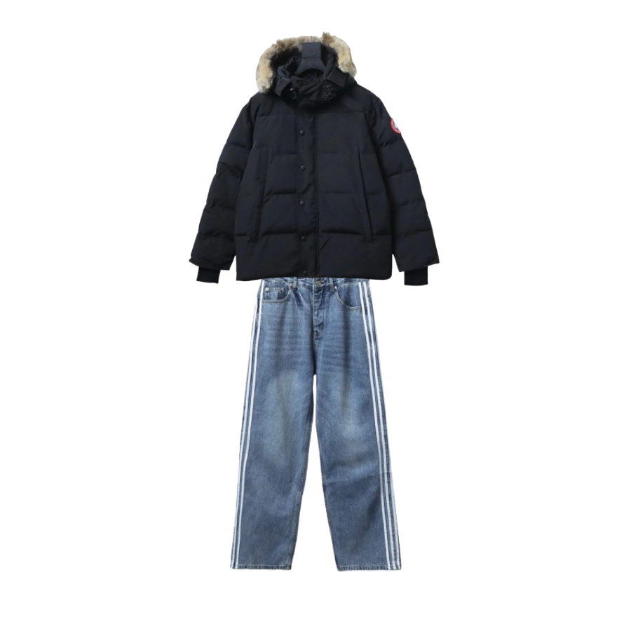 Canada Goose 388M Classic Parker 29 Down Jacket Black + Balenciaga x Adidas Three-Bar Washed Jeans Blue