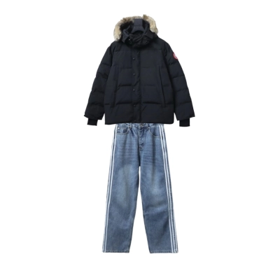 Canada Goose 388M Classic Parker 29 Down Jacket Black + Balenciaga x Adidas Three-Bar Washed Jeans Blue 01