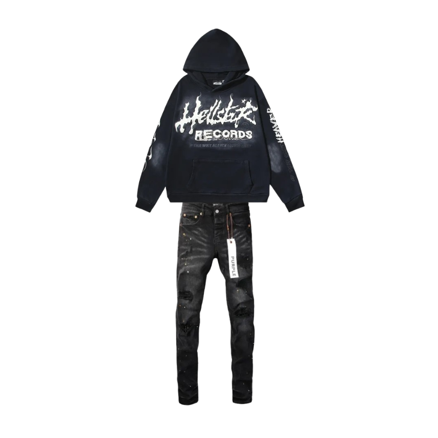 Hellstar Hell Red Flare star Retro washed distressed Print Hoodie Black + Purple Brand Fashion Men Jeans YZ072426