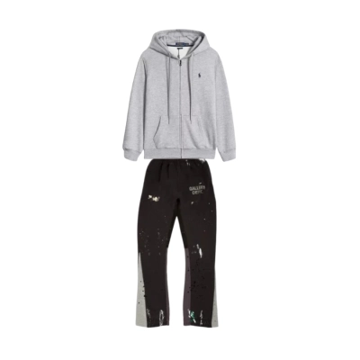 Polo Ralph Lauren Double-Knit Full-Zip Hoodie Grey + Gallery Dept. Painted Flare Sweat Pants Washed Black 01
