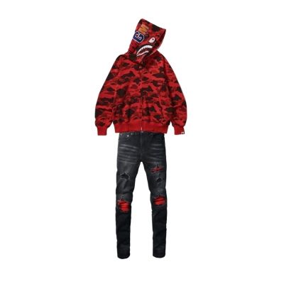 BAPE Color Camo Shark Zip Hoodie Red + Amiri Jean 886 01