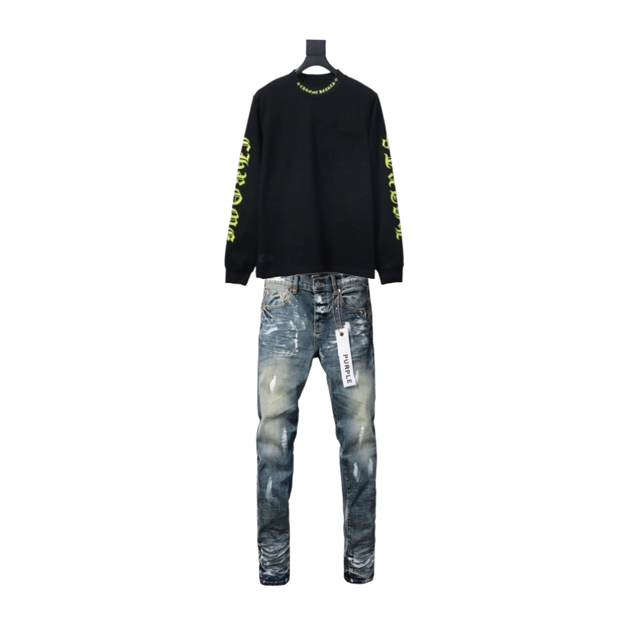 Chrome Hearts Yellow Neck Logo Sleeve T-Shirt Black + Purple Brand Fashion Men Jeans 008