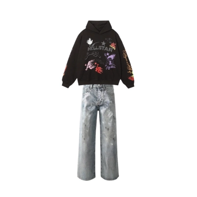 Hellstar Studio Summer Love Hoodie #3100 Black + Purple Brand Jeans #108 01