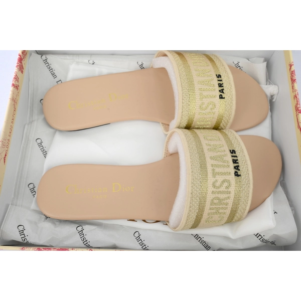 Dior Dway Slide Natural Raffia and White Embroidered Cotton Apricot Gold
