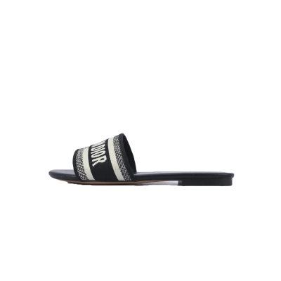 Dior Dway Slide Black Oblique / Beige Cotton Sandal Flat 01