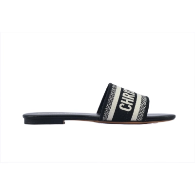Dior Dway Slide Black Oblique / Beige Cotton Sandal Flat 02