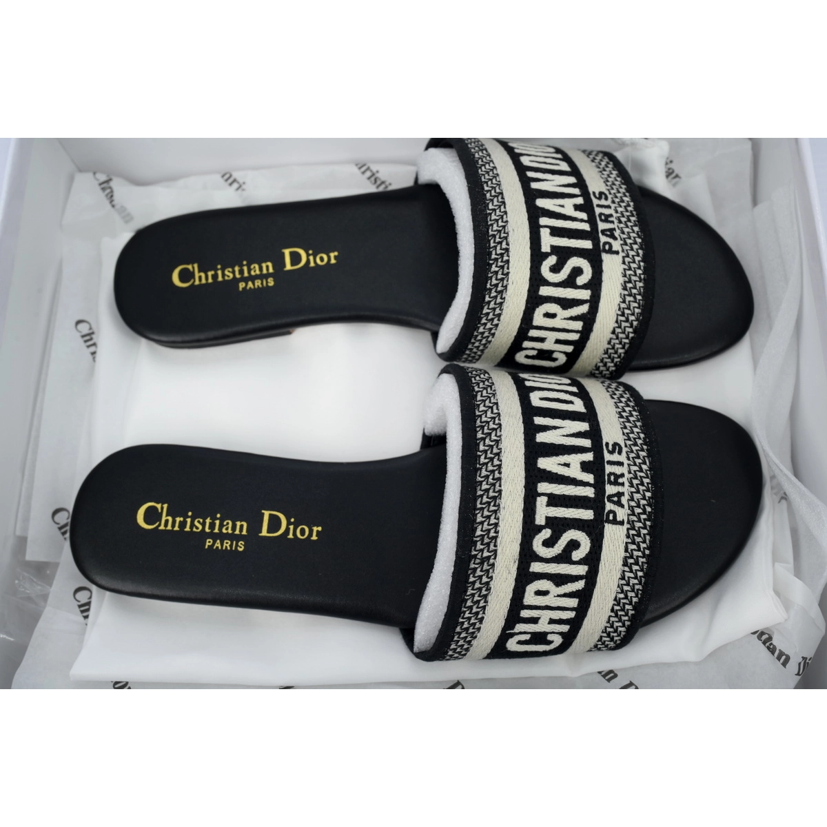 Dior Dway Slide Black Oblique / Beige Cotton Sandal Flat