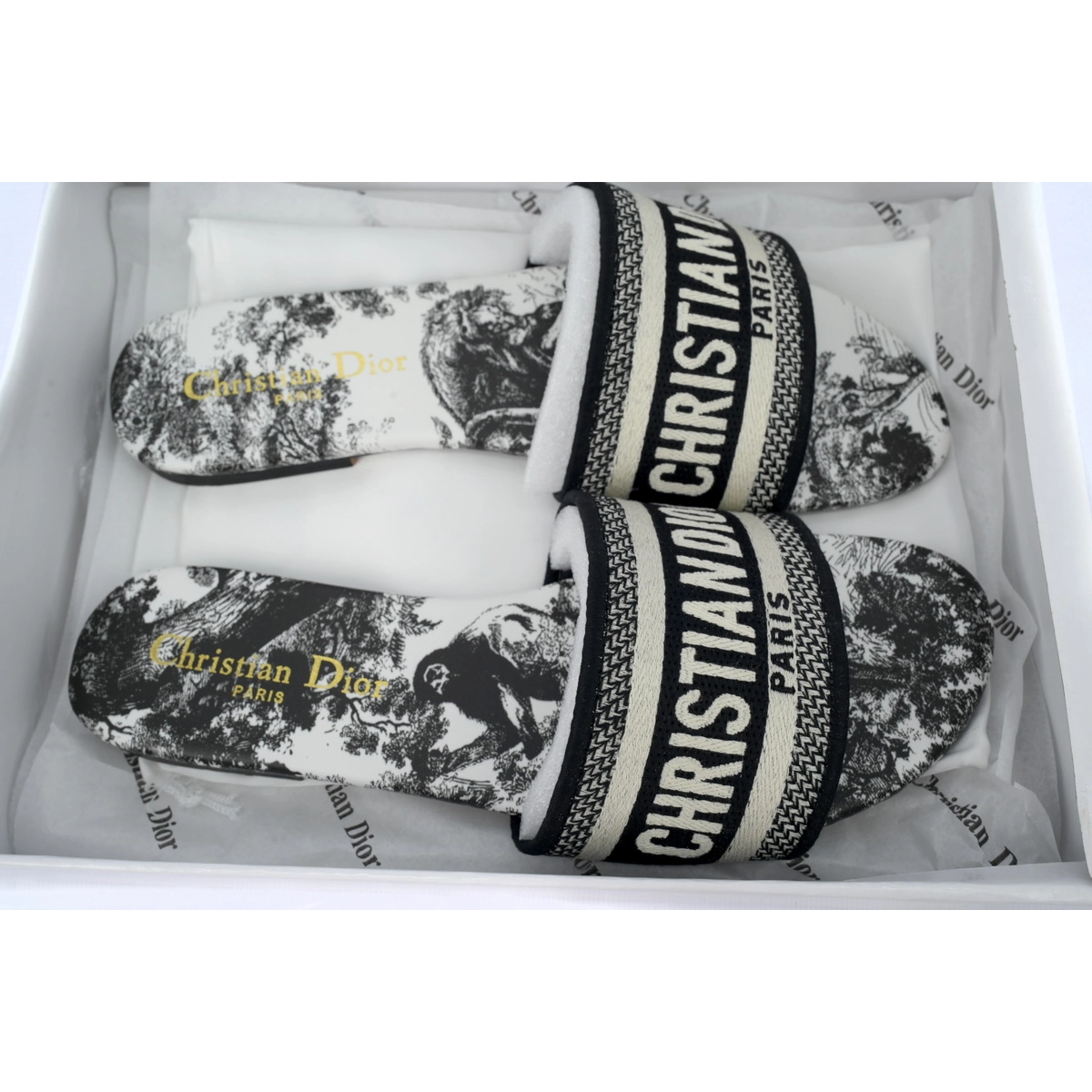 Dior Dway Slide Cloth Printed Sandals Black