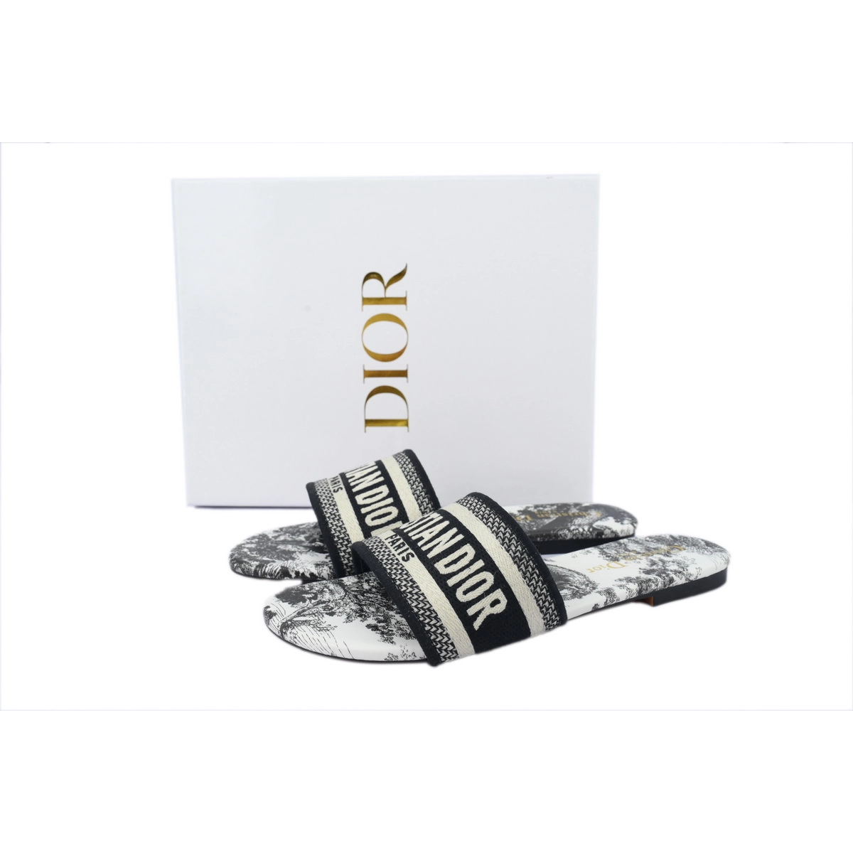 Dior Dway Slide Cloth Printed Sandals Black