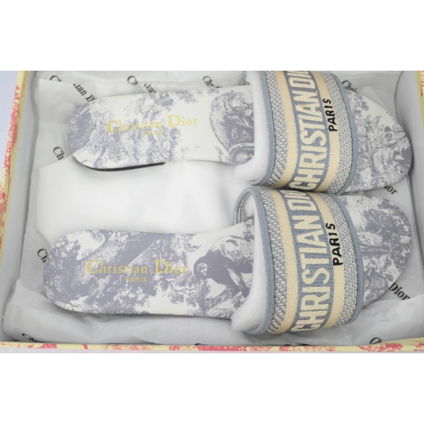 Dior Dway Slide Gray Embroidered Cloth Printed Sandals KCQ209TJE_S21G
