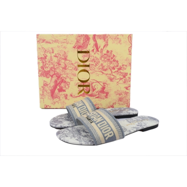 Dior Dway Slide Gray Embroidered Cloth Printed Sandals KCQ209TJE_S21G