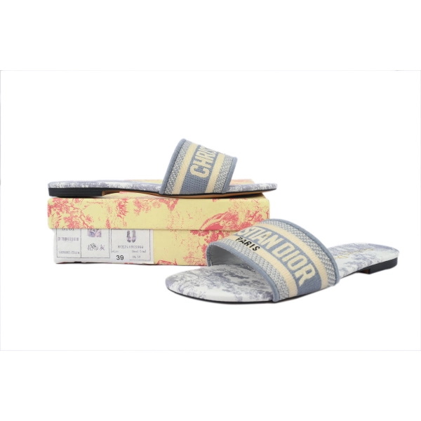 Dior Dway Slide Gray Embroidered Cloth Printed Sandals KCQ209TJE_S21G