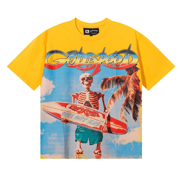 Godspeed Beach Skeleton Surfboard T-Shirt #7073 Yellow/Black/White