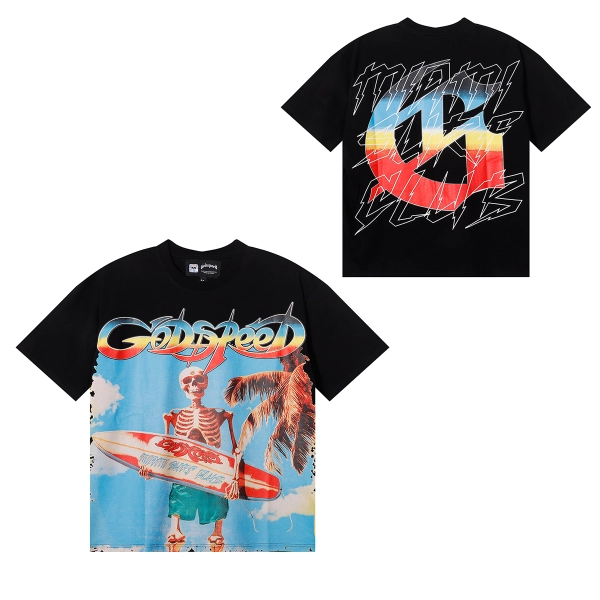 Godspeed Beach Skeleton Surfboard T-Shirt #7073 Yellow/Black/White