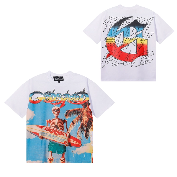 Godspeed Beach Skeleton Surfboard T-Shirt #7073 Yellow/Black/White