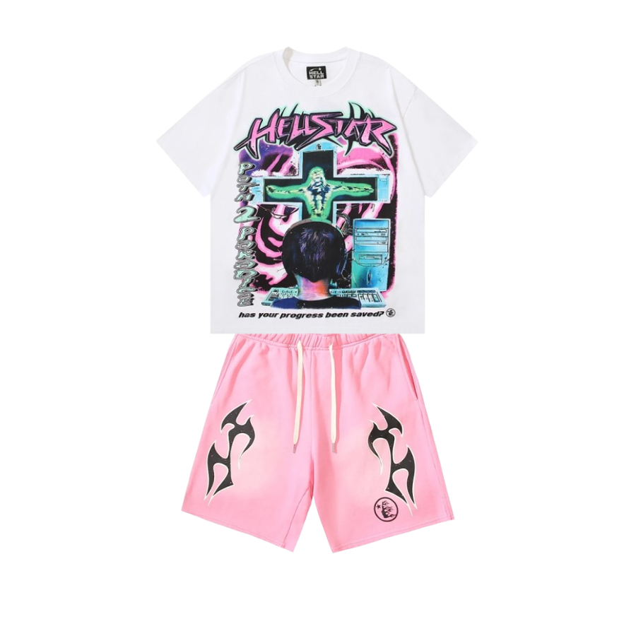 Hellstar Flame Shorts Pink + Hellstar T-shirt 516