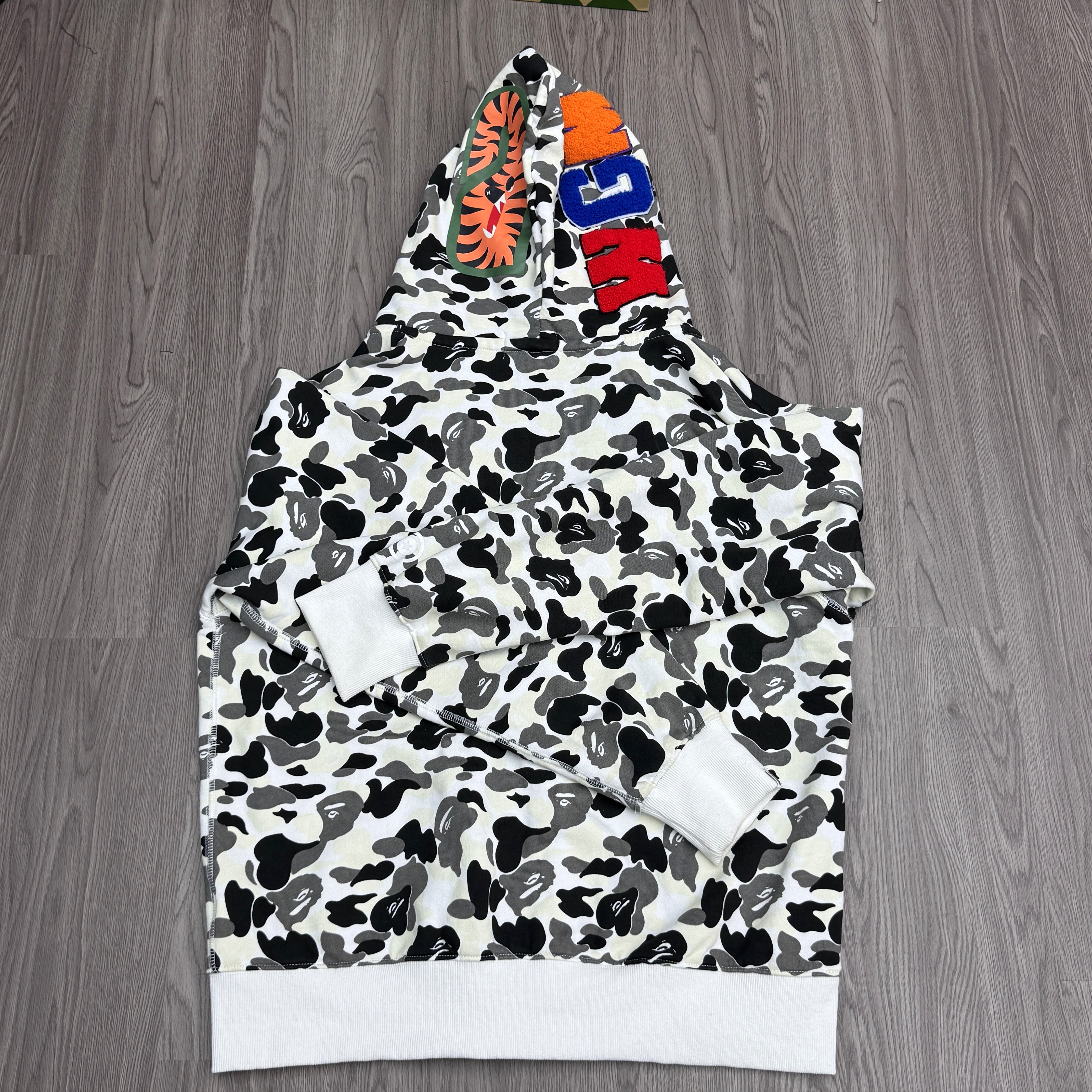 Bape Shark Print Full Zip Double Hoodie Creamy White