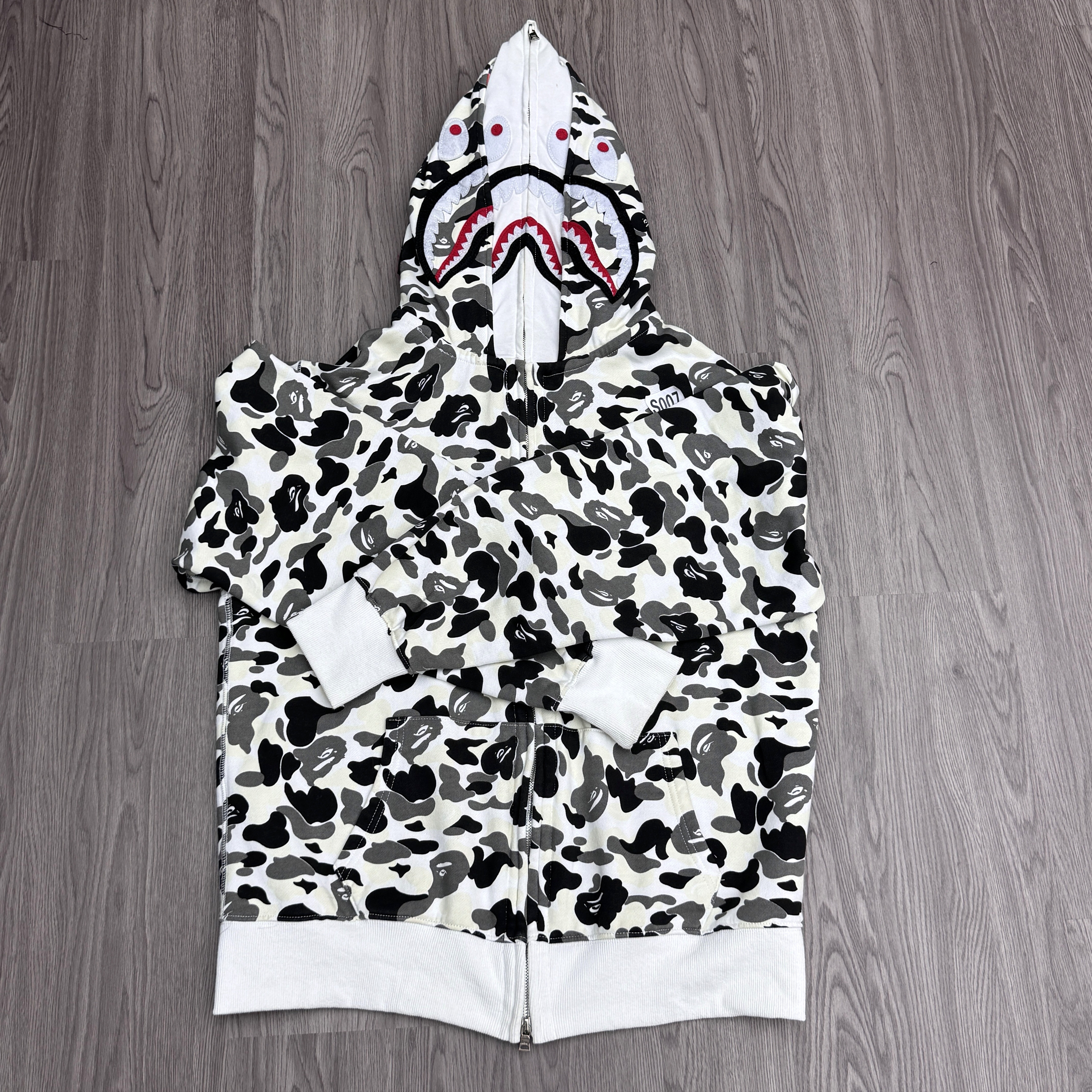 Bape Shark Print Full Zip Double Hoodie Creamy White