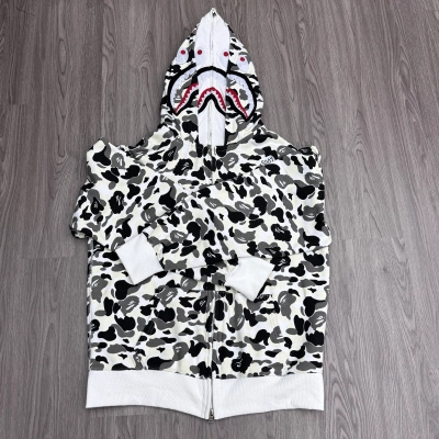 Bape Shark Print Full Zip Double Hoodie Creamy White 01