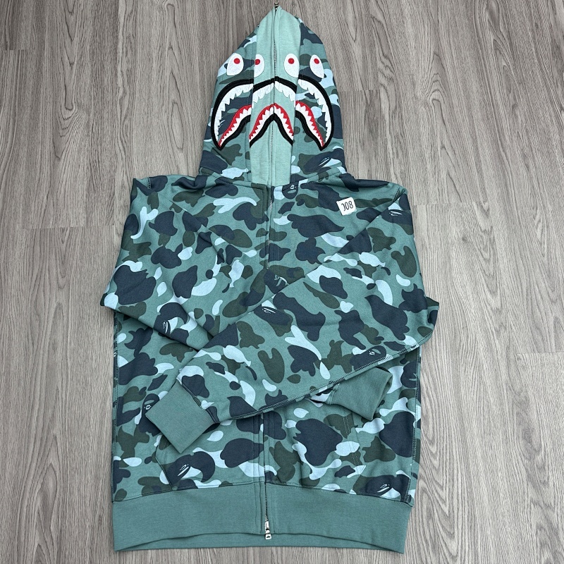 Bape Shark Print Full Zip Double Hoodie Green