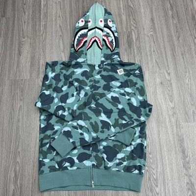 Bape Shark Print Full Zip Double Hoodie Green 01