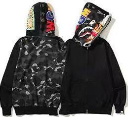 Bape Shark Print Full Zip Double Hoodie Grey Splicing Tiger Head