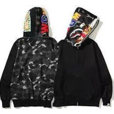Bape Shark Print Full Zip Double Hoodie Grey Splicing Tiger Head 01