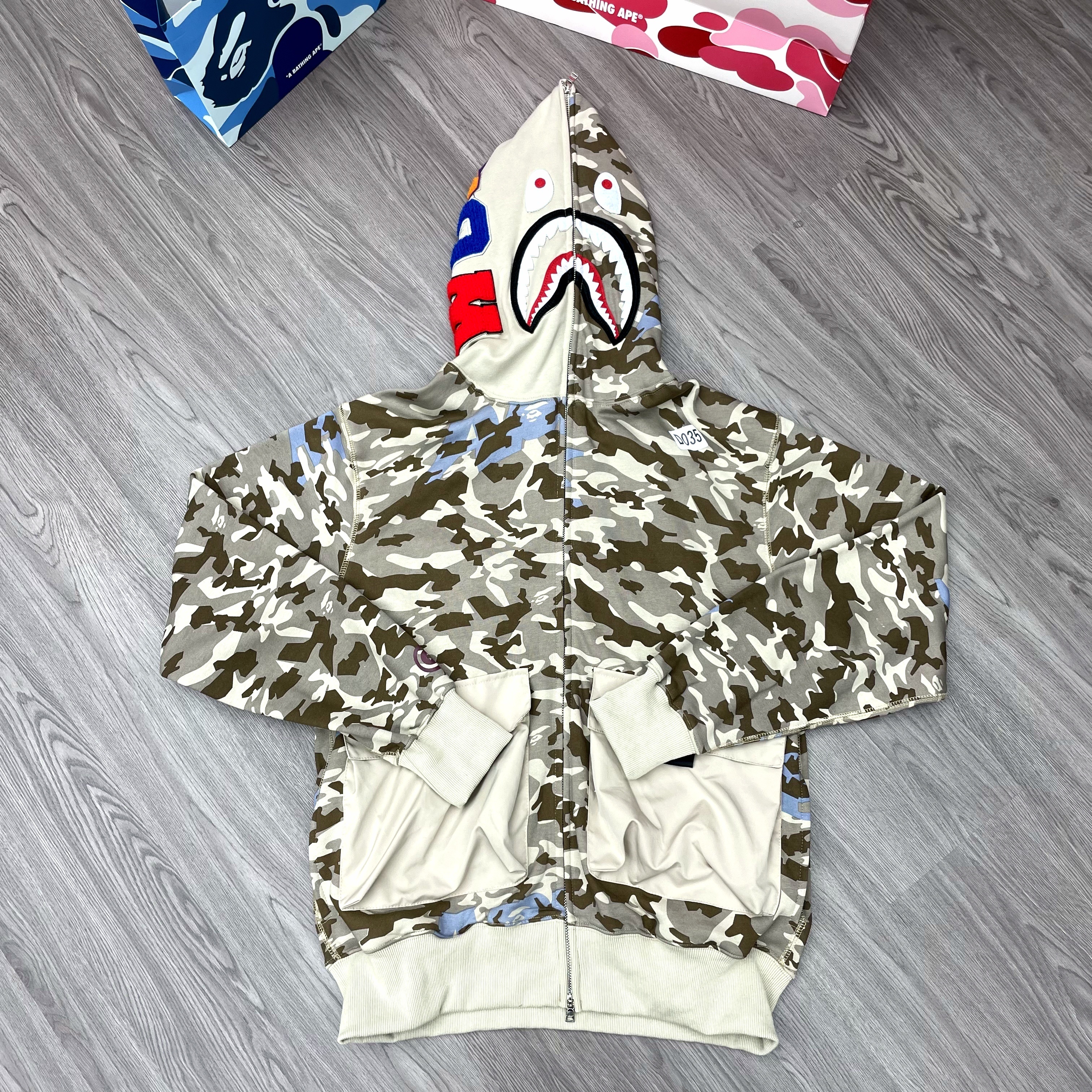 Bape Shark Print Full Zip-Up Hoodie Desert Grey