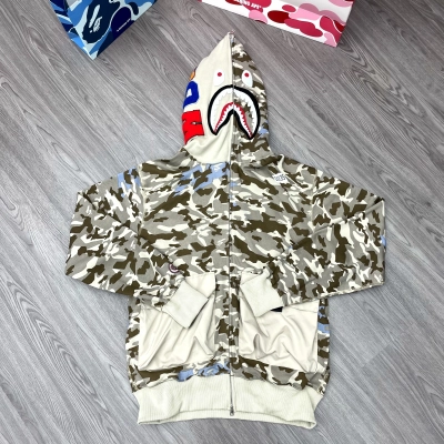 Bape Shark Print Full Zip-Up Hoodie Desert Grey 01