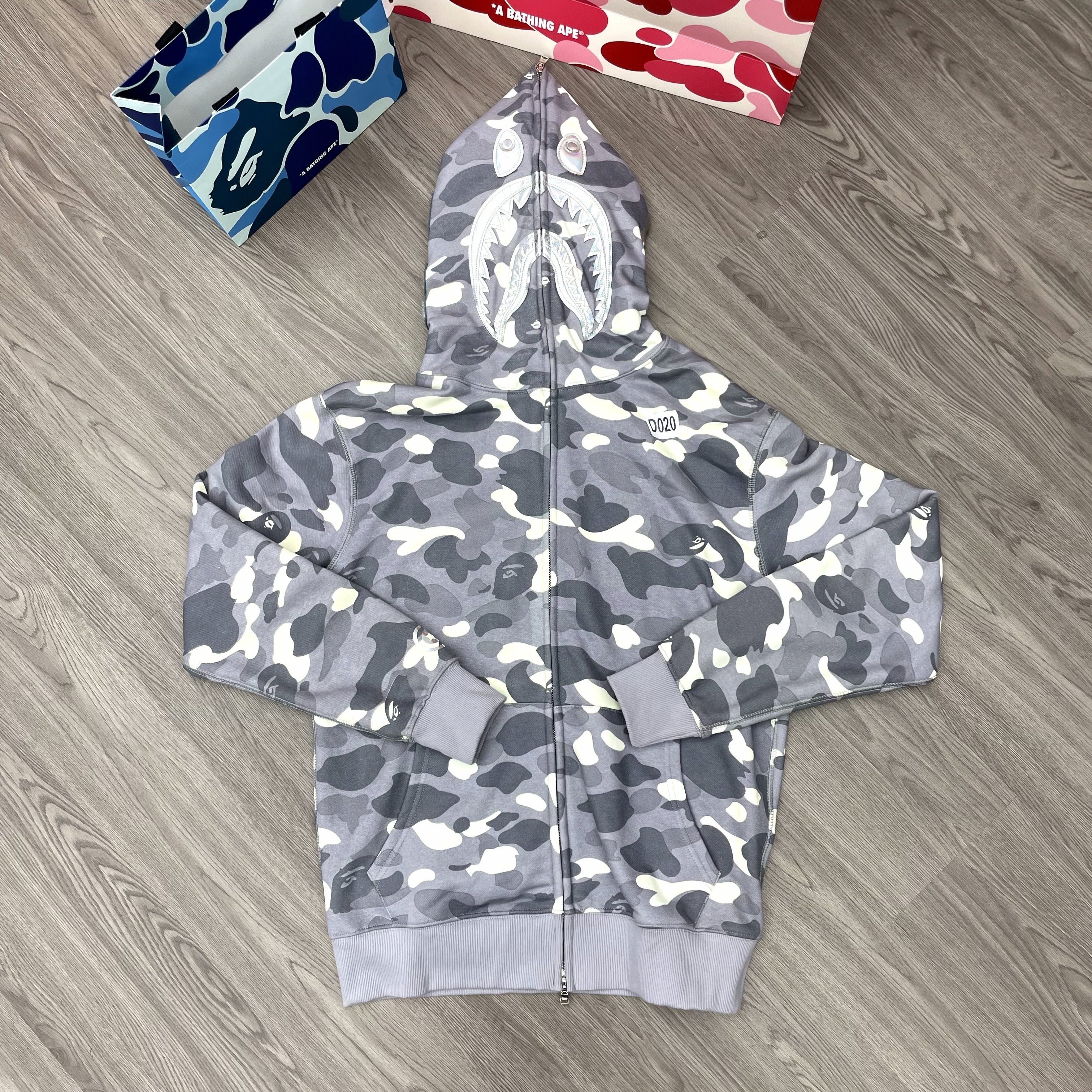 Bape Shark Print Full Zip-Up Hoodie in Glitter Grey