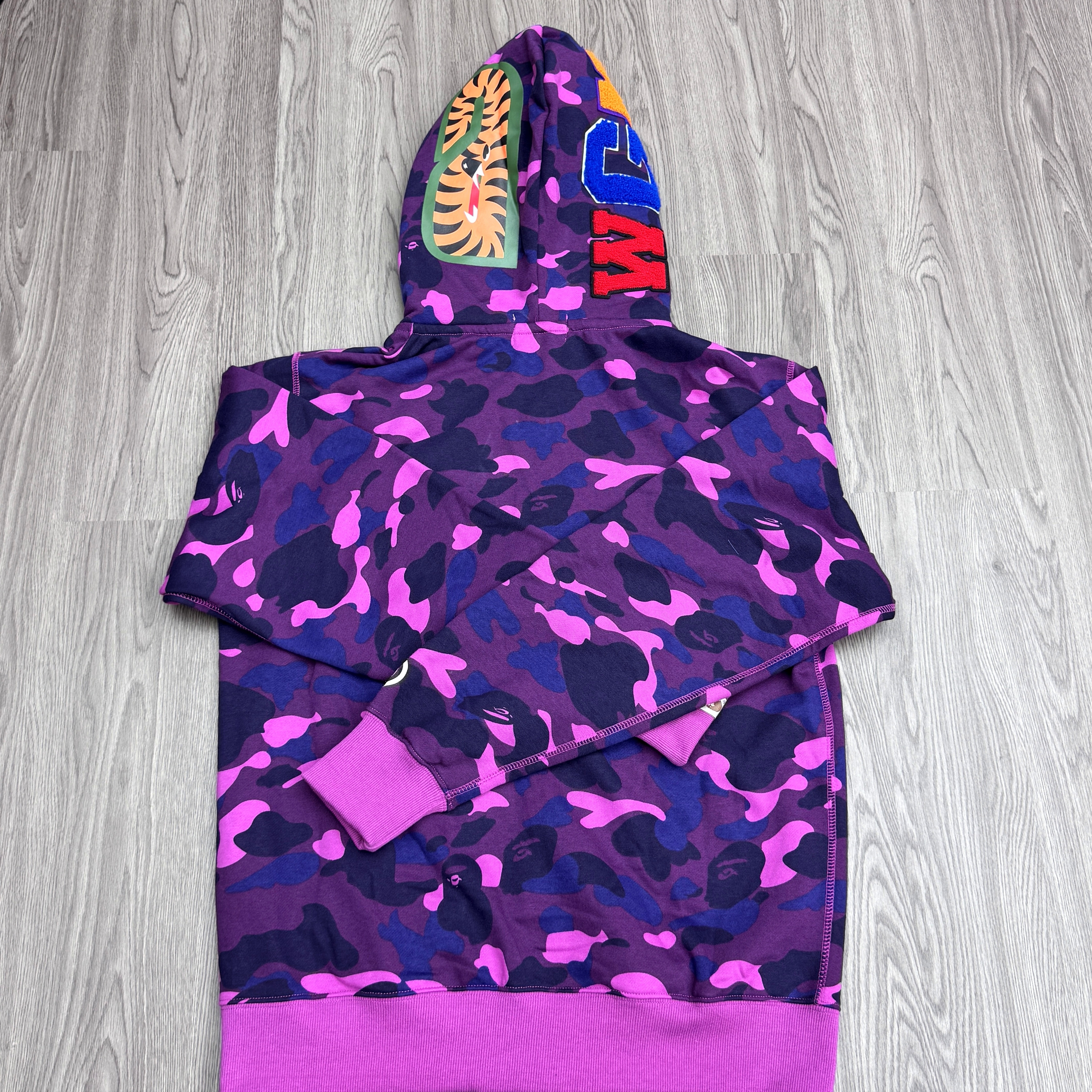 Bape Shark Tiger Head Print Full Zip Double Hoodie Purple