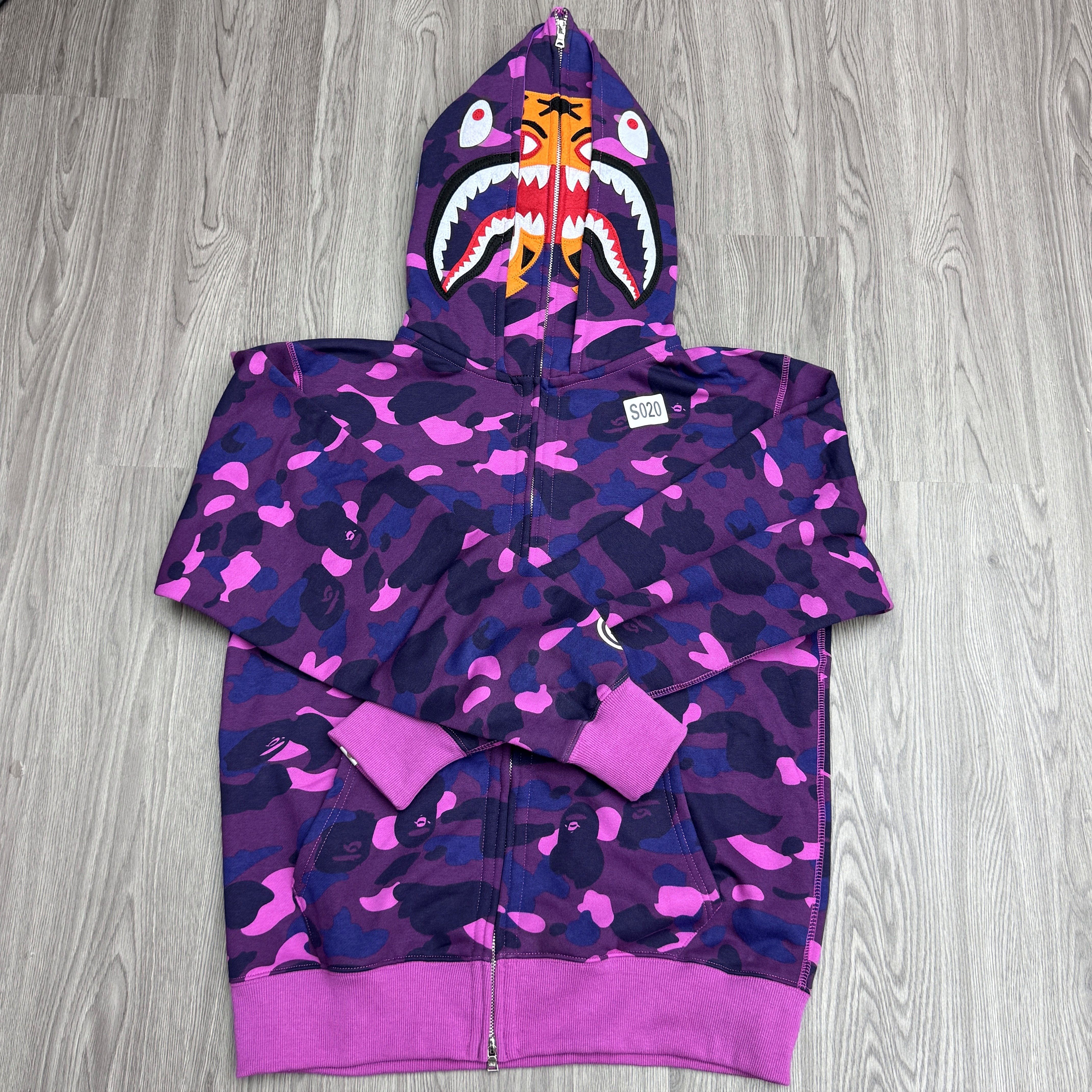 Bape Shark Tiger Head Print Full Zip Double Hoodie Purple
