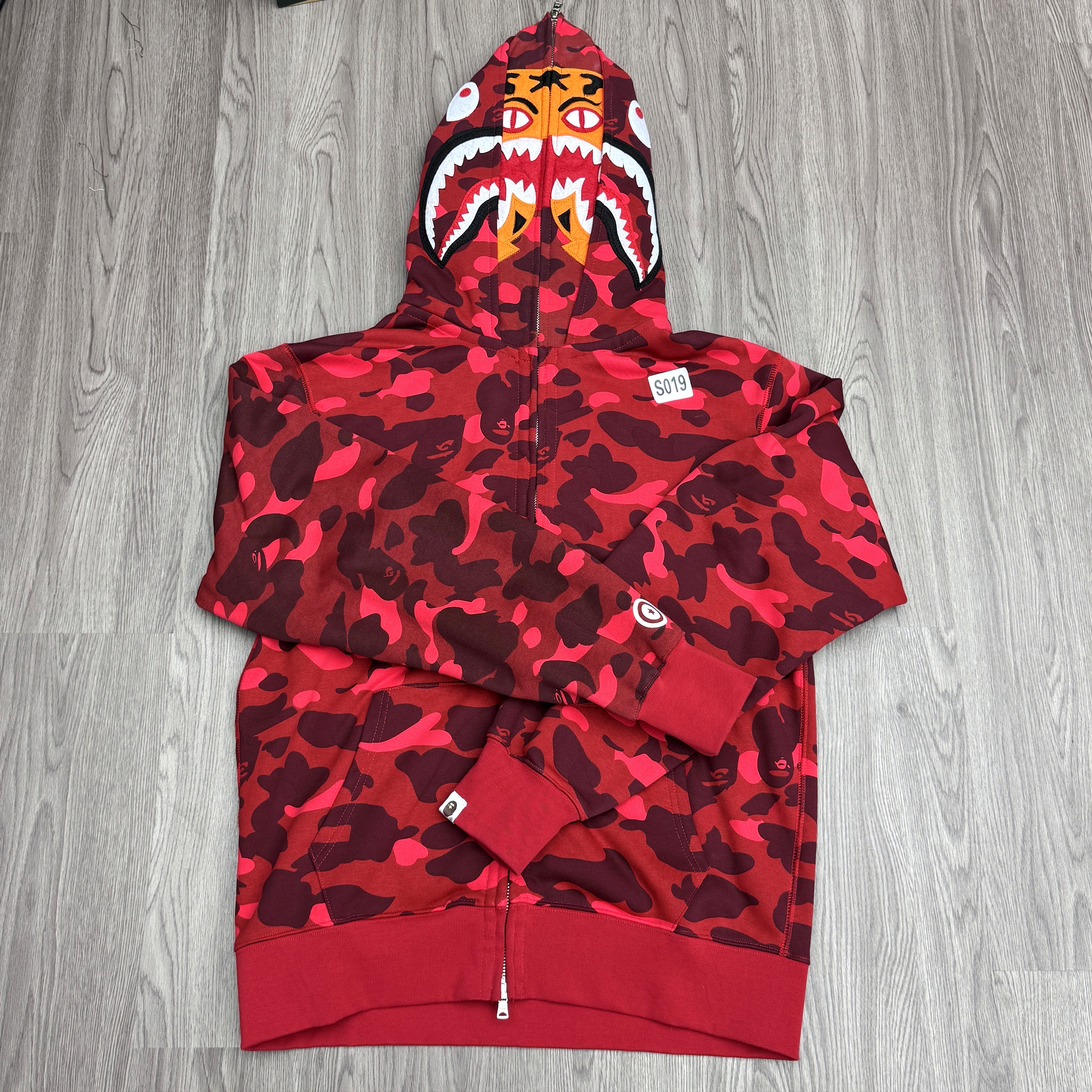 Bape Shark Tiger Head Print Full Zip Double Hoodie Red