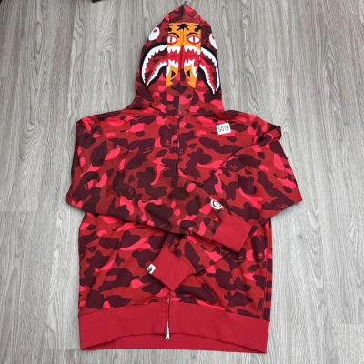 Bape Shark Tiger Head Print Full Zip Double Hoodie Red 01