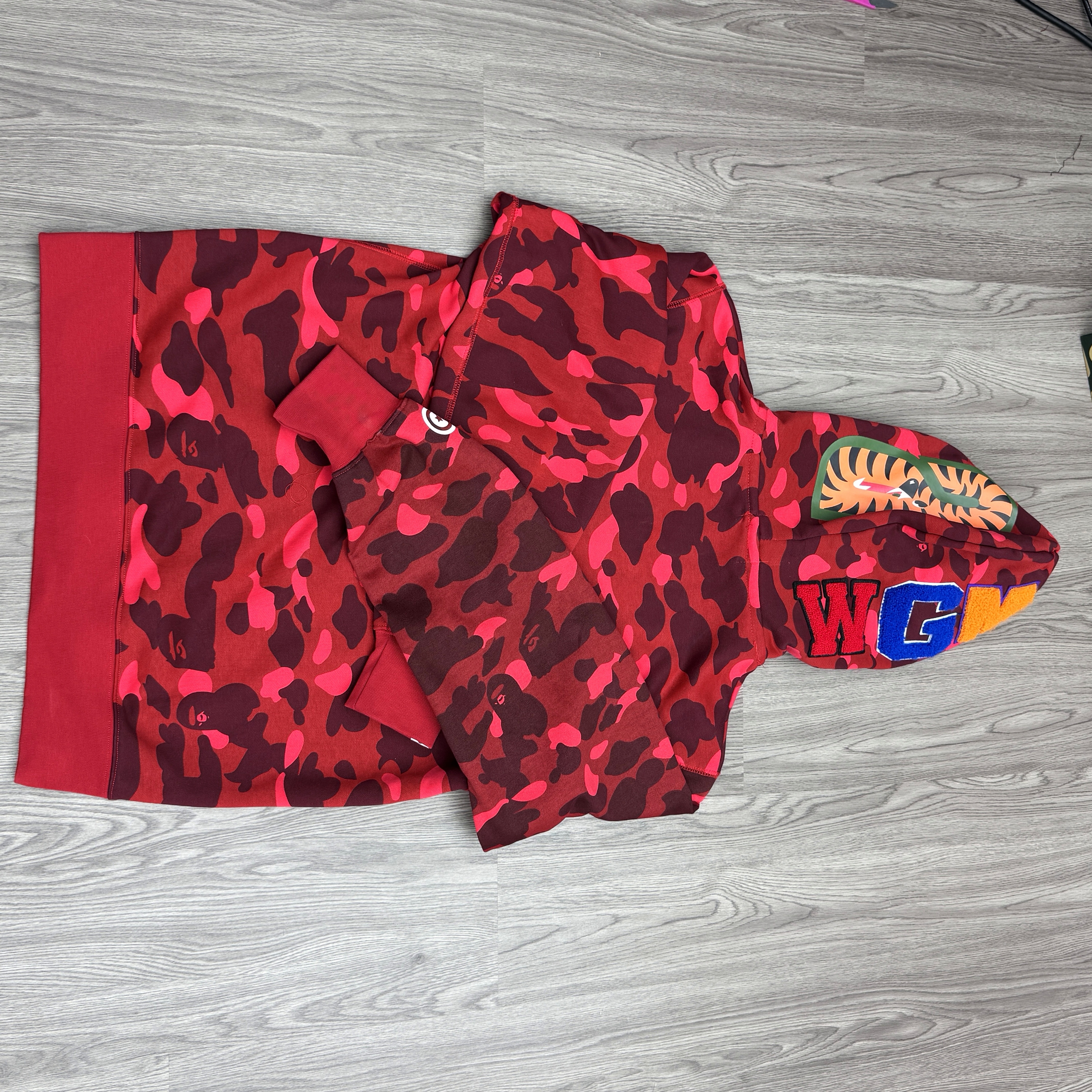 Bape Shark Tiger Head Print Full Zip Double Hoodie Red