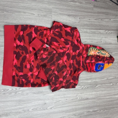 Bape Shark Tiger Head Print Full Zip Double Hoodie Red 02