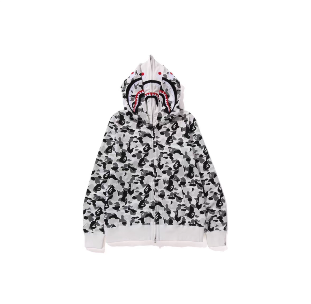 Bape Shark Print Full Zip Double Hoodie Creamy White YL #2316