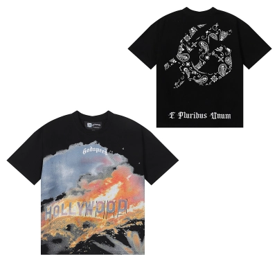 Godspeed Los Angeles Hollywood Wildfire Print T-shirt #7006 Black/White 02