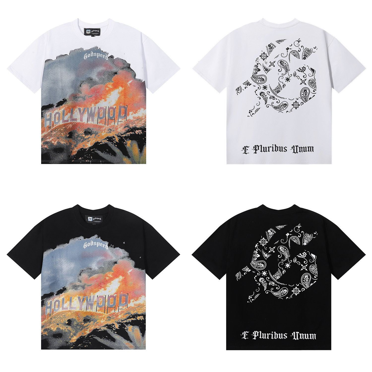 Godspeed Los Angeles Hollywood Wildfire Print T-shirt #7006 Black/White