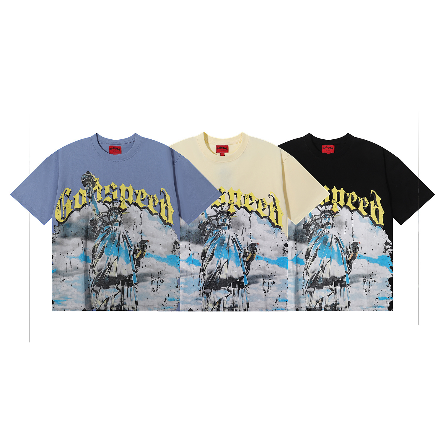 Godspeed Statue of Liberty Print T-shirt #7002 Black/Beige/Blue