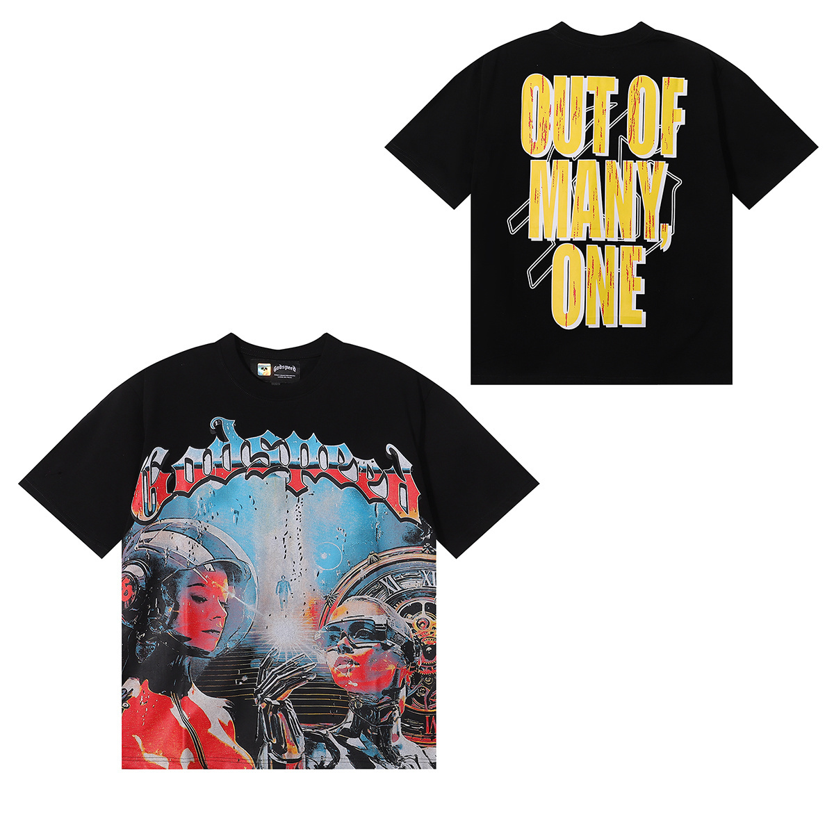 Godspeed Astronaut Robot Print T-shirt #7031 Black/Apricot/White