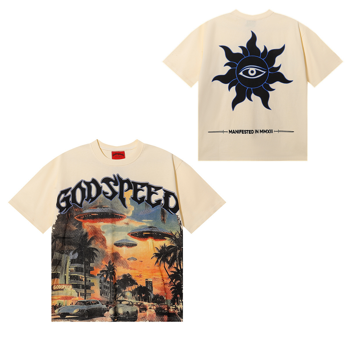 Godspeed City UFO Print T-shirt #7039 Black/Apricot