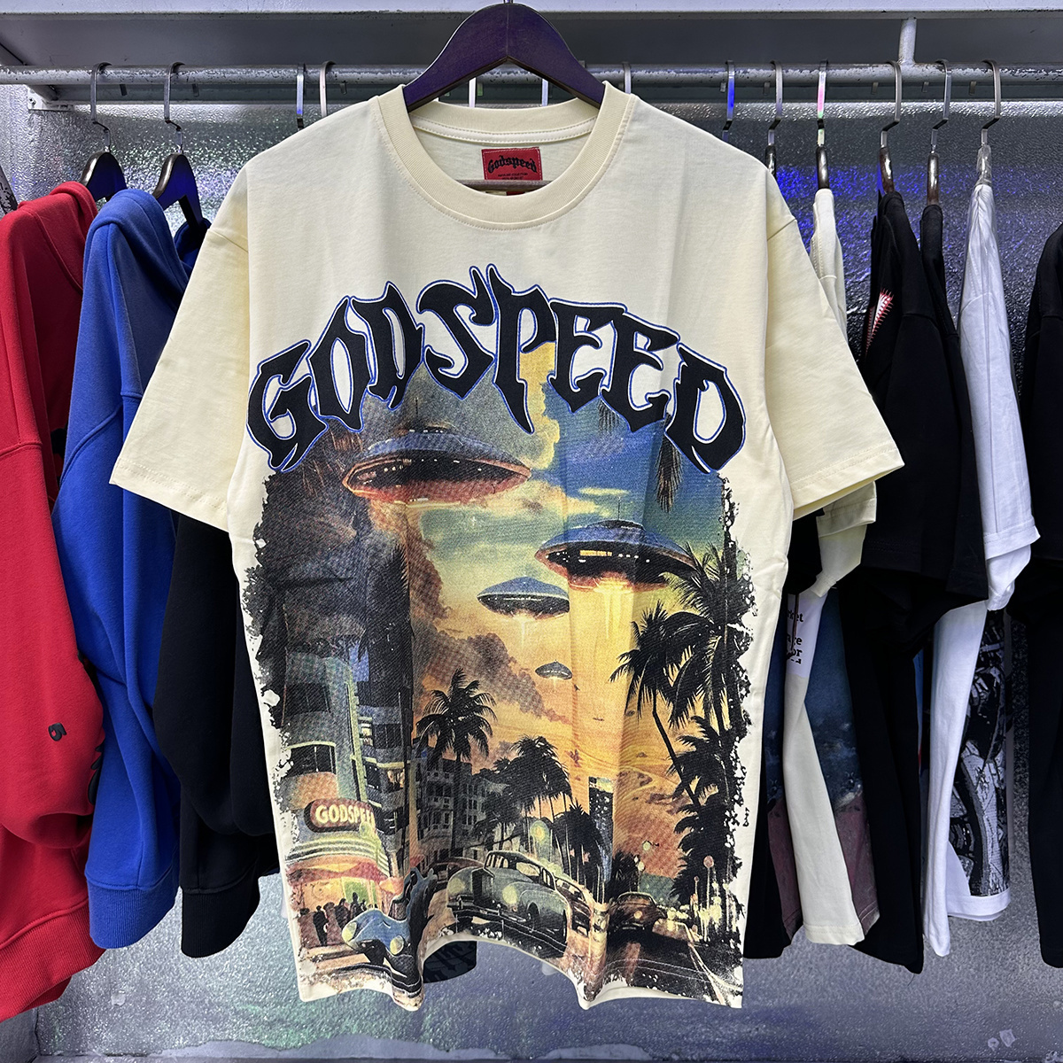 Godspeed City UFO Print T-shirt #7039 Black/Apricot