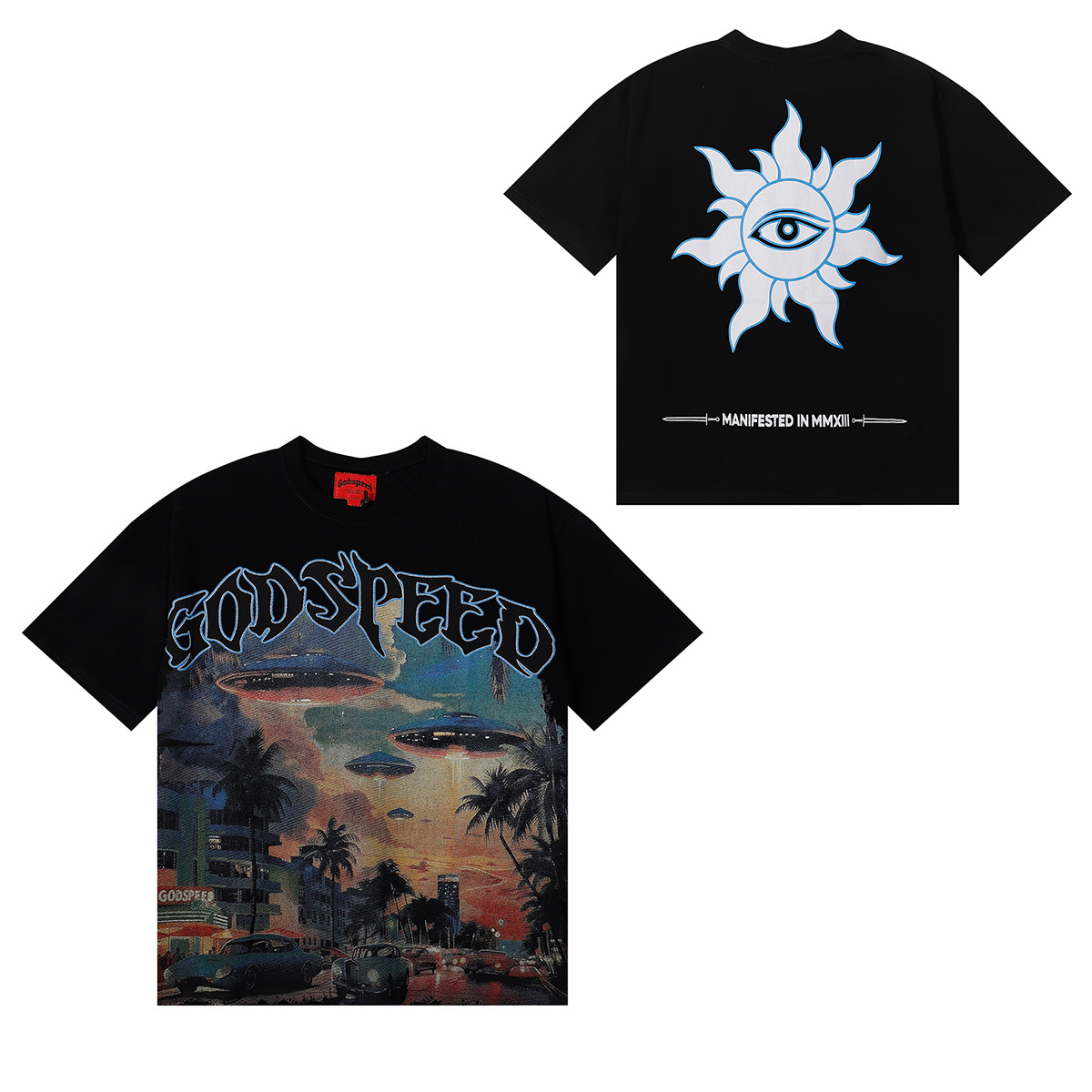 Godspeed City UFO Print T-shirt #7039 Black/Apricot